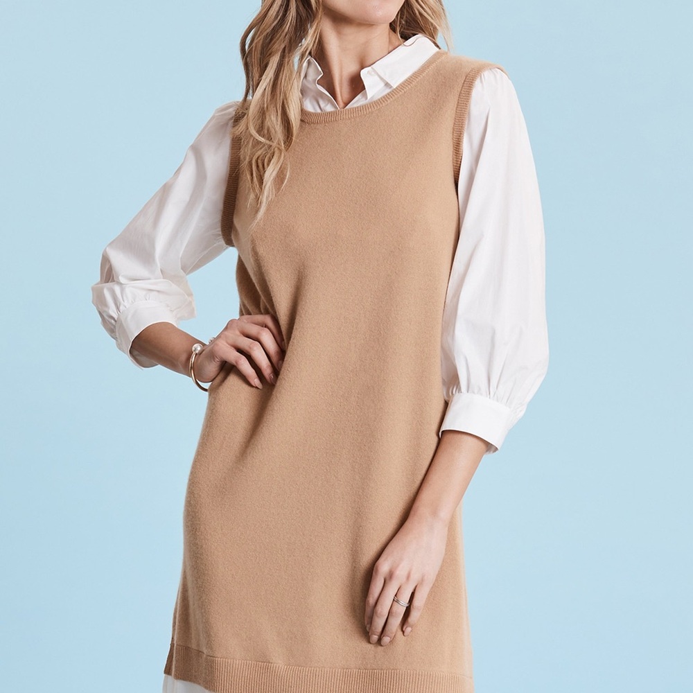 Tyler böe camel cashmere with white shirt dress